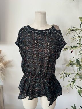 Isani Anthropologie Size S Black Multicolor Tweed Peplum Top - NWT